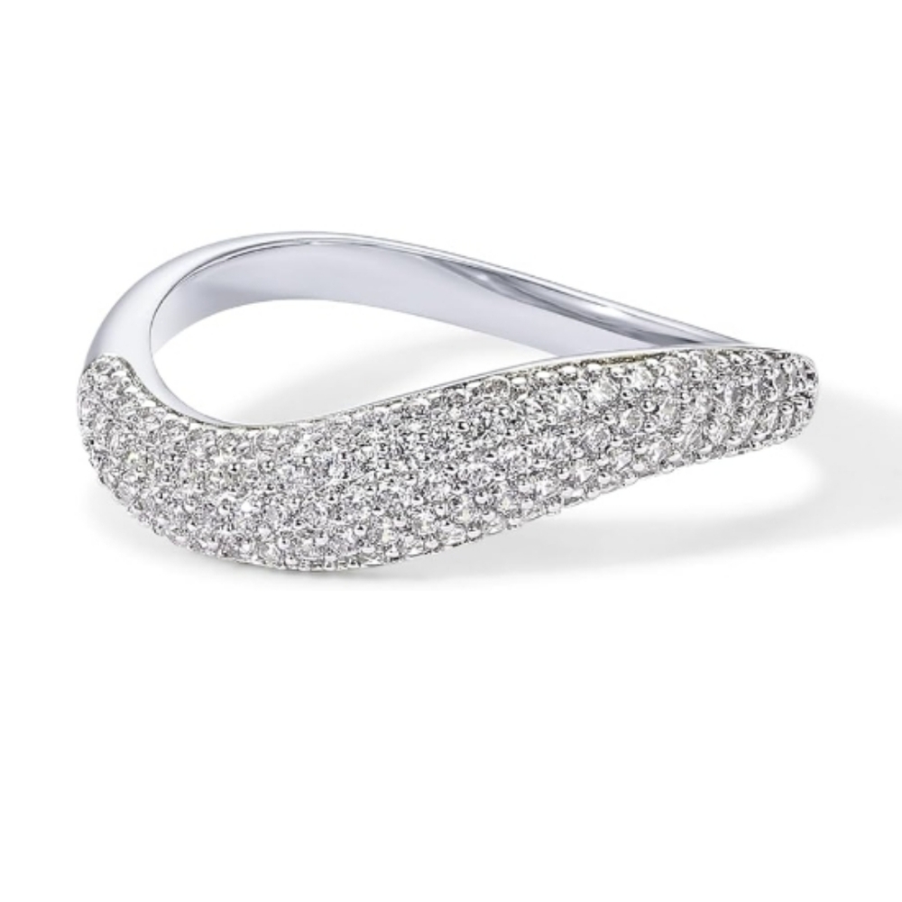 14K Gold Plated Wavy Cubic Zirconia Stackable Ring In White Gold